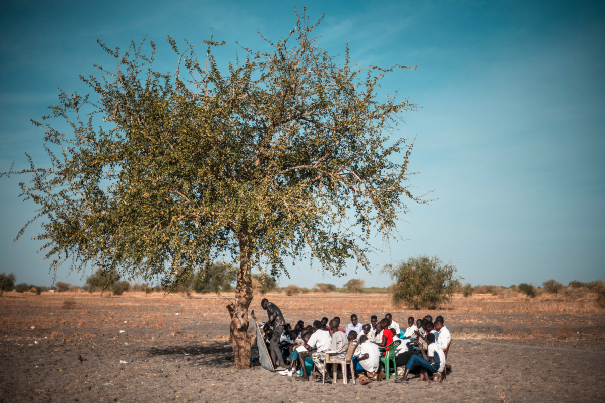 Kuvassa koululaisia Etelä-Sudanissa. He ovat alankoisen maiseman keskellä, suuren lehtipuun alla.